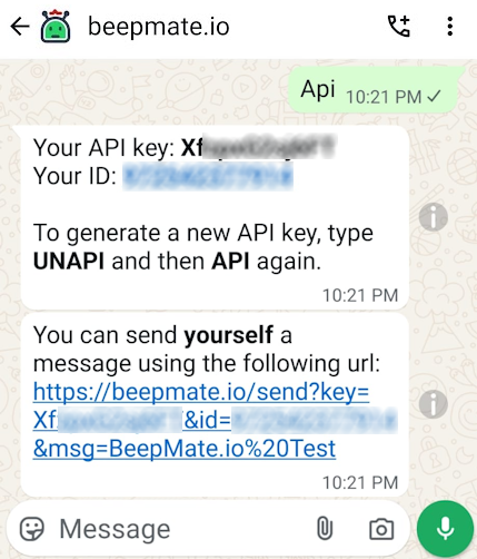 BeepMate API command in WhatsApp chat generating API key